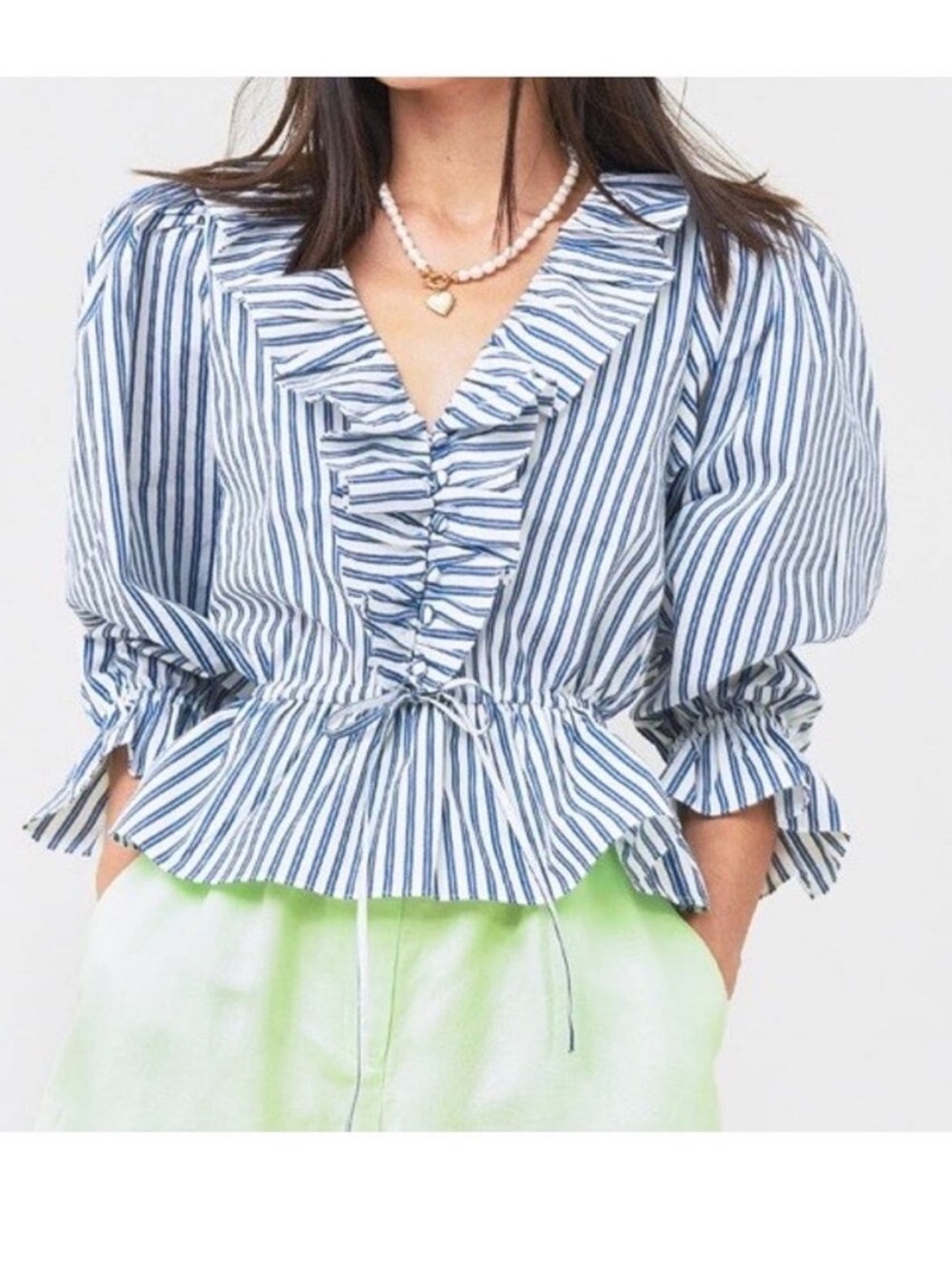 HUNTER BELL Blue & White Striped Ruffle V-Neck Maggie Blouse